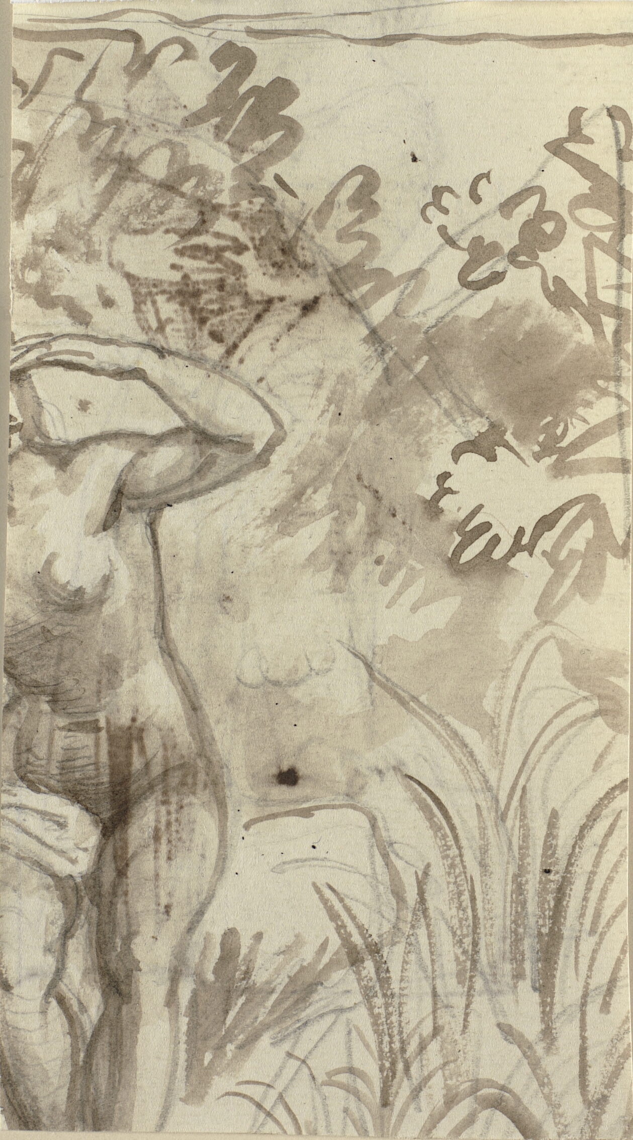 Brudstykke af tegning med nøgen kvinde i landskab